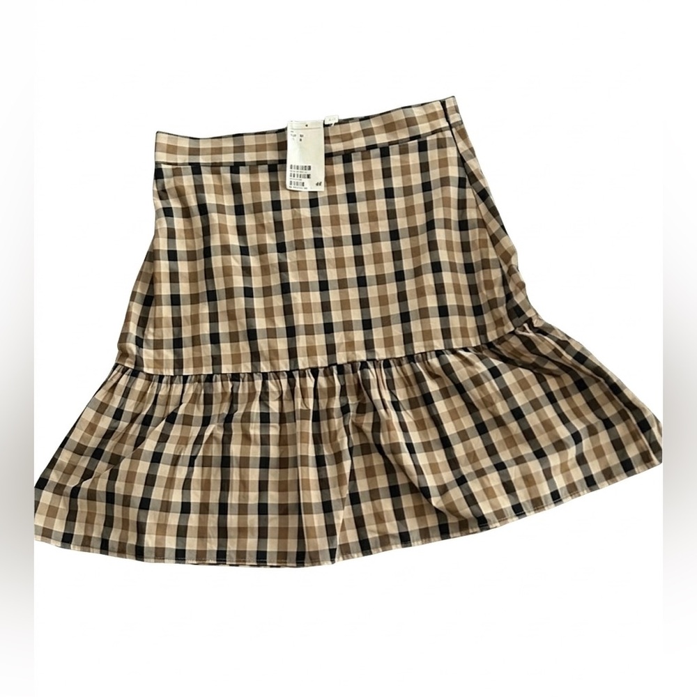 H&M Brown & Black Gingham Plaid Ruffle Hem Mini Skirt Size 4 NWT